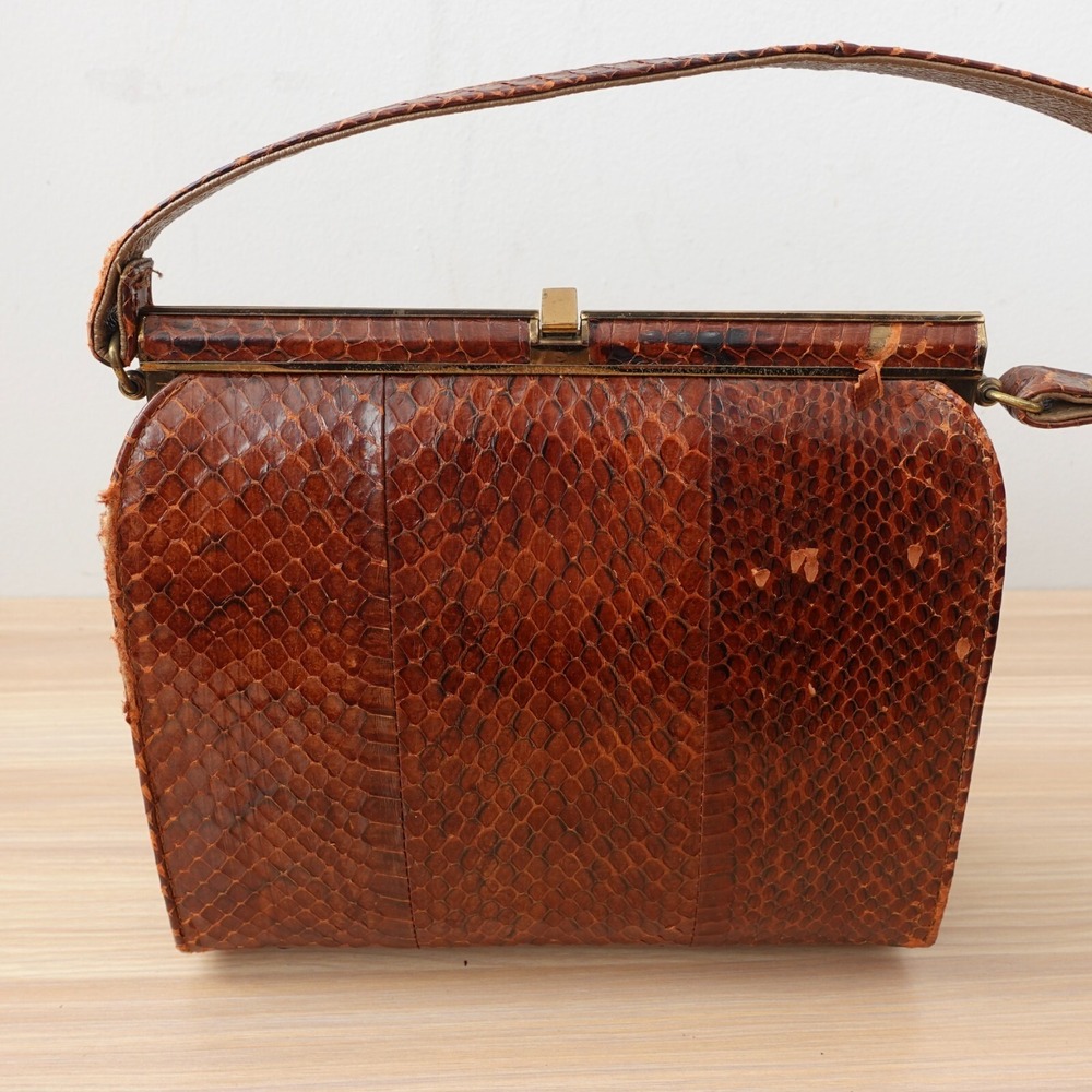 Vintage Python Bag Snakeskin Frame Box Purse Brow… - image 4